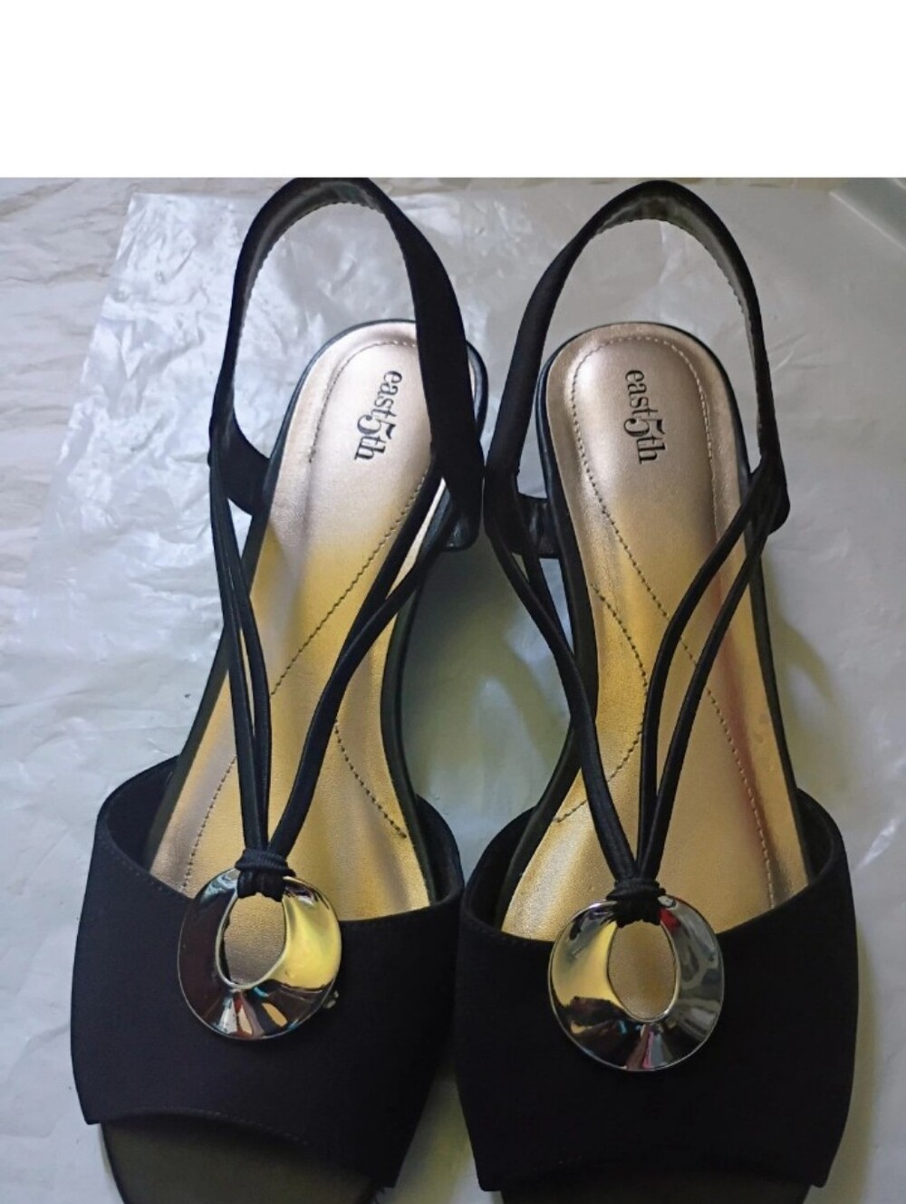 East 5th Black Slingback Sandals with Silver Ring Detail